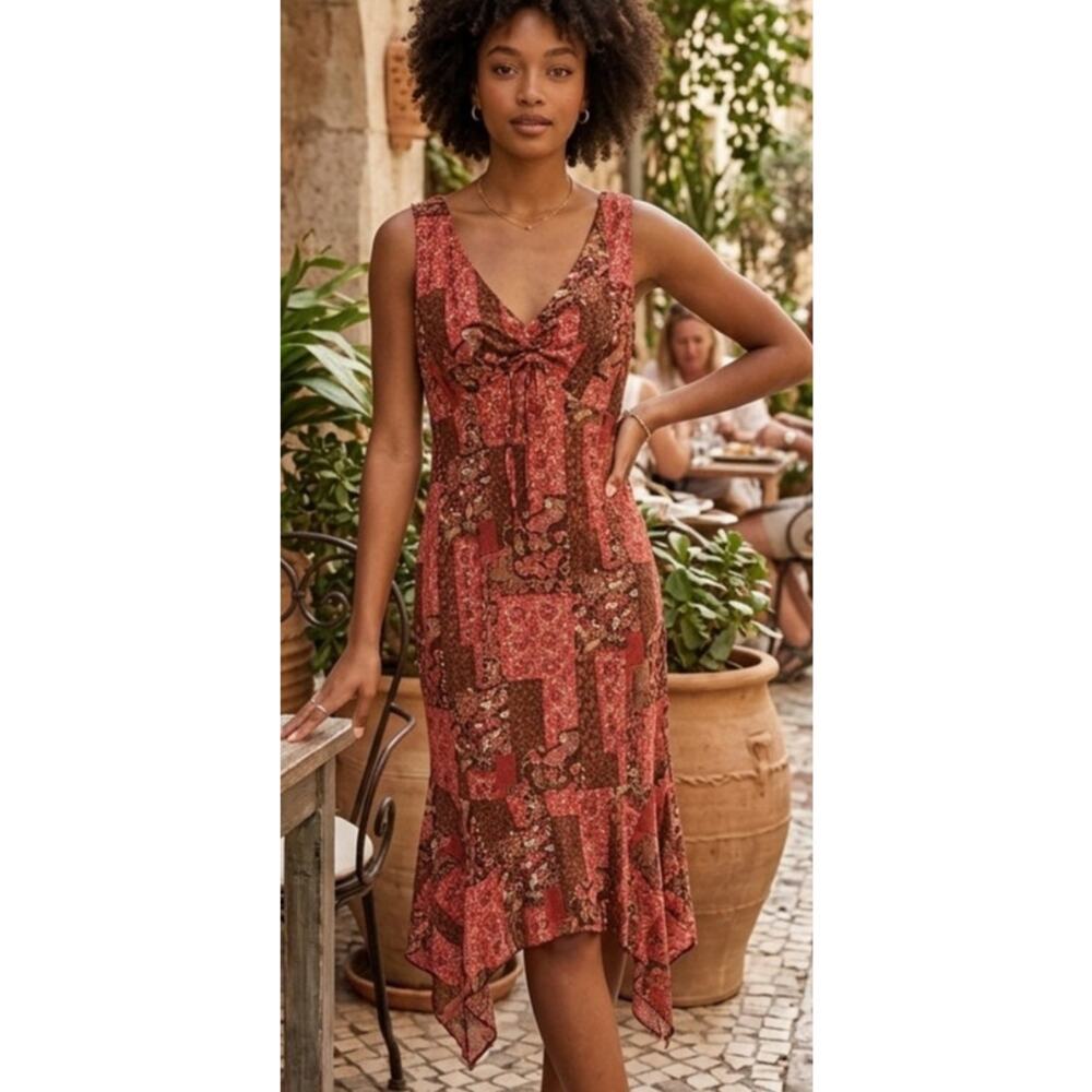 Scarlett Y2K assymetrical hem hanky hem patchwork print midi dress